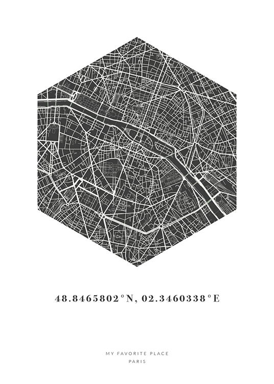  – Sekskantet bykart i svart og hvitt, med koordinater og tekst under