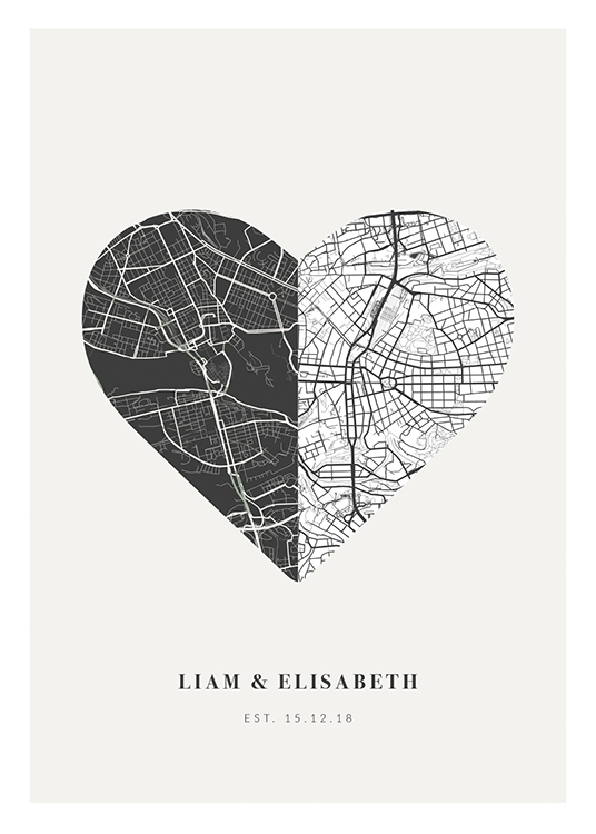  – Hjerteformet bykart i svart og hvitt mot en lysegrå bakgrunn, med tekst nederst