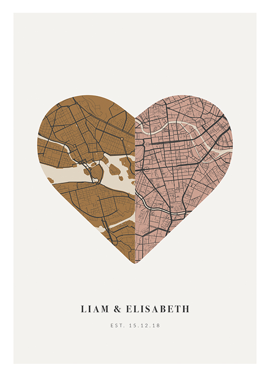  – Hjerteformet bykart i brunt og rosa, mot en lysegrå bakgrunn, med tekst under
