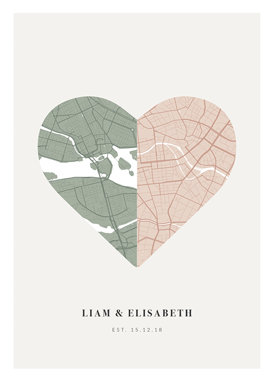  – Hjerteformet bykart i grønt og rosa, mot en lysegrå bakgrunn, med tekst nederst
