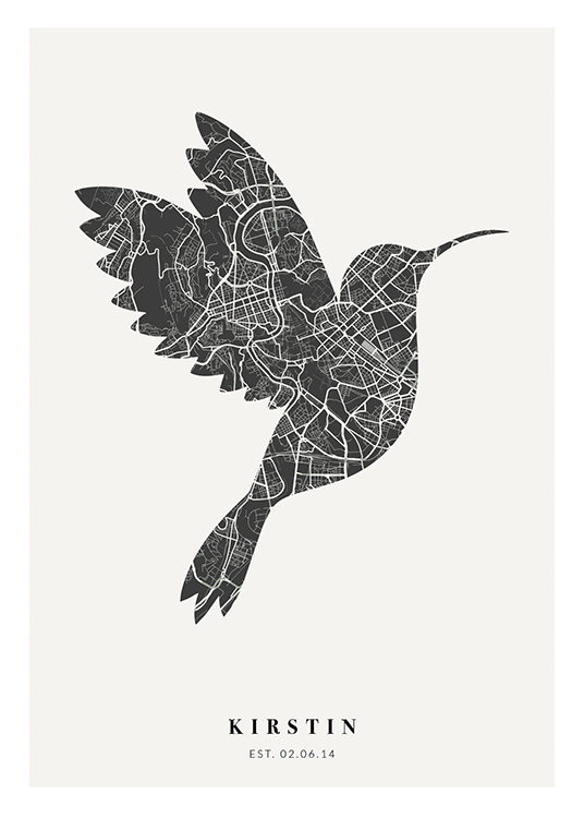  – Svarthvitt bykart formet som en fugl, med tekst nederst