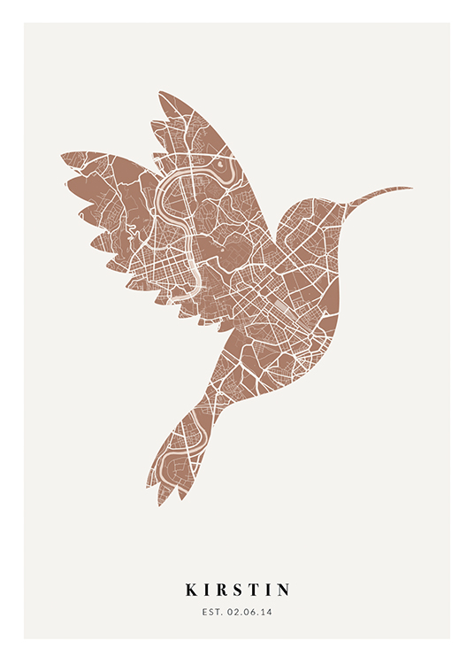  – Bykart i rustrosa og hvitt, formet som en fugl, med tekst nederst