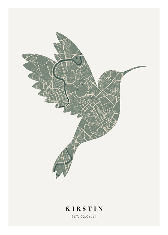  – Beige og grønt fugleformet bykart mot en lysegrå bakgrunn, med tekst nederst