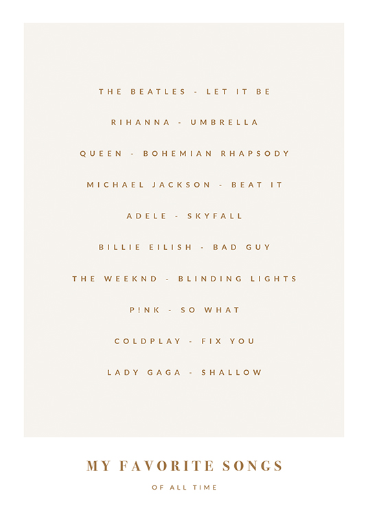  – Liste over sanger i beige, med tekst nederst