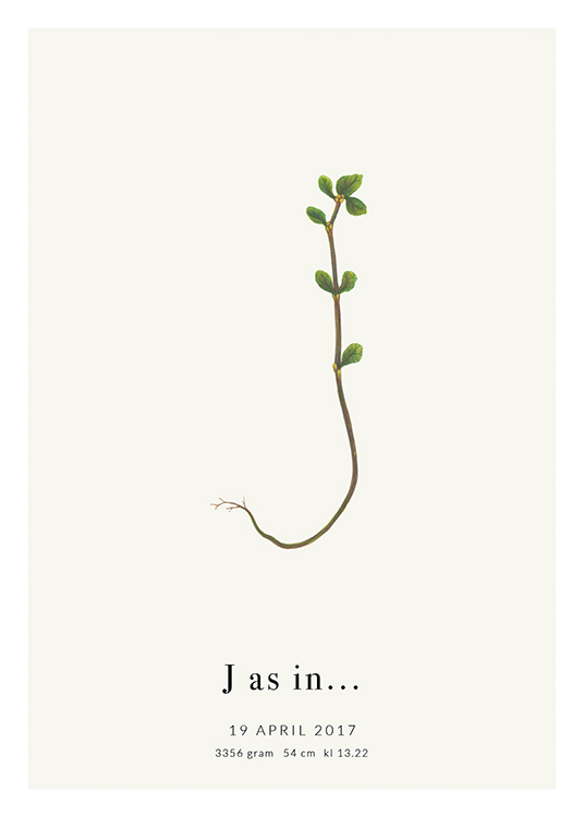  – Bokstaven J formet av en liten plante, med tekst nederst