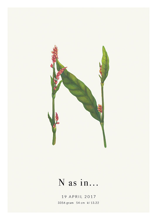 – Bokstaven N formet av røde blomster og grønne blader, med tekst under