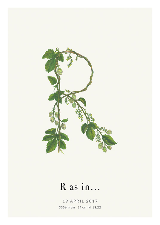  – Bokstaven R formet av grønne blader, med tekst nederst