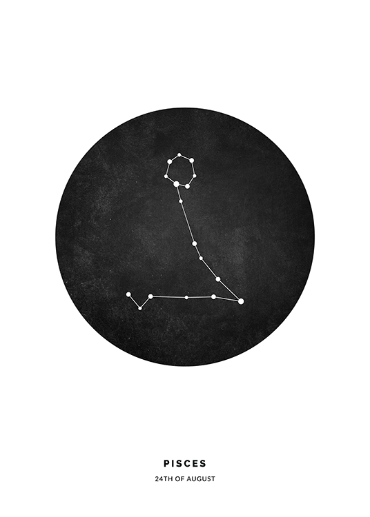  – Illustrasjon med stjernetegnet fiskene i en svart sirkel mot en hvit bakgrunn