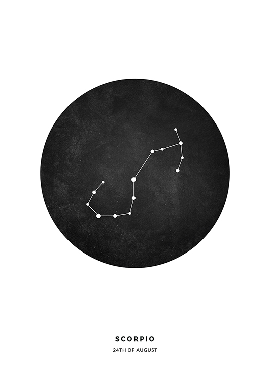  – Illustrasjon med stjernetegnet skorpionen i en svart sirkel mot en hvit bakgrunn