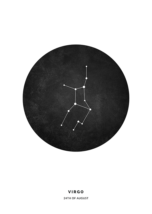  – Illustrasjon med stjernetegnet jomfruen i en svart sirkel mot en hvit bakgrunn