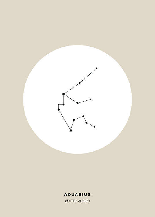 – Illustrasjon av stjernetegnet vannmannen i svart i en hvit sirkel mot en beige bakgrunn