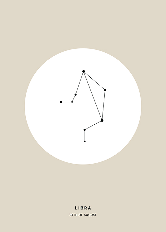  – Illustrasjon av stjernetegnet vekten i svart i en hvit sirkel mot en beige bakgrunn
