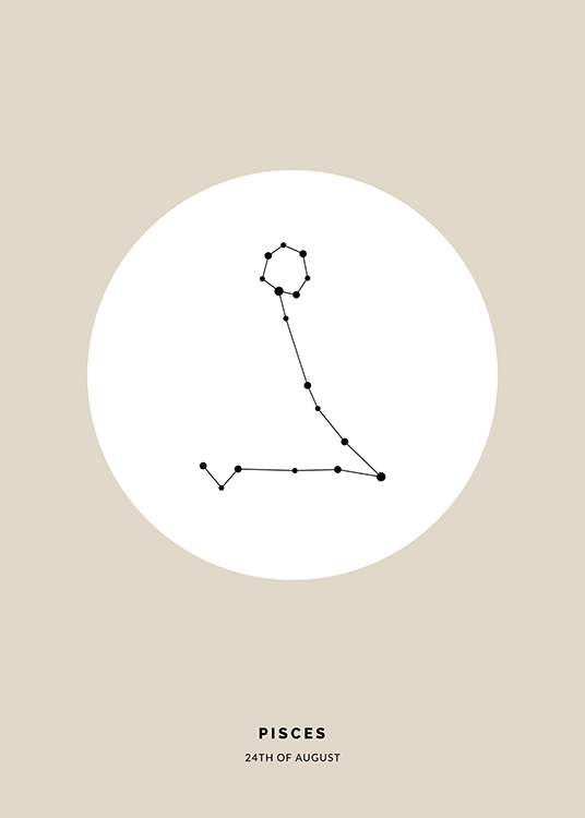  – Illustrasjon av stjernetegnet fiskene i svart i en hvit sirkel mot en beige bakgrunn