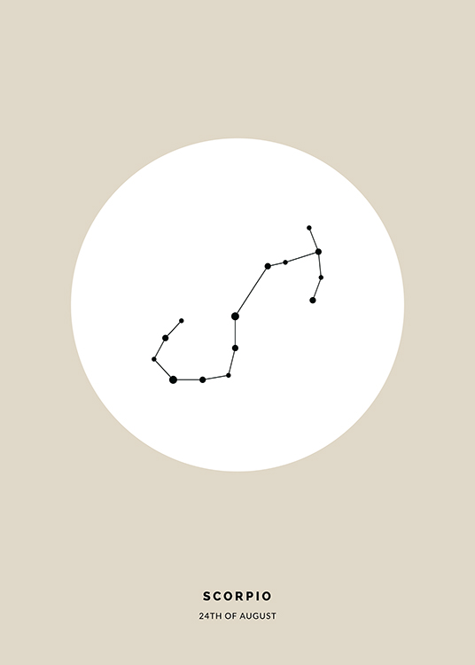  – Illustrasjon av stjernetegnet skorpionen i svart i en hvit sirkel mot en beige bakgrunn