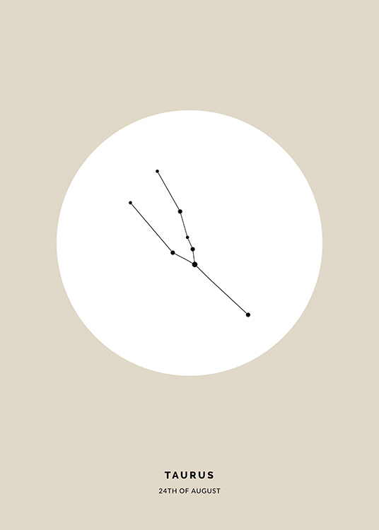  – Illustrasjon av stjernetegnet tyren i svart i en hvit sirkel mot en beige bakgrunn