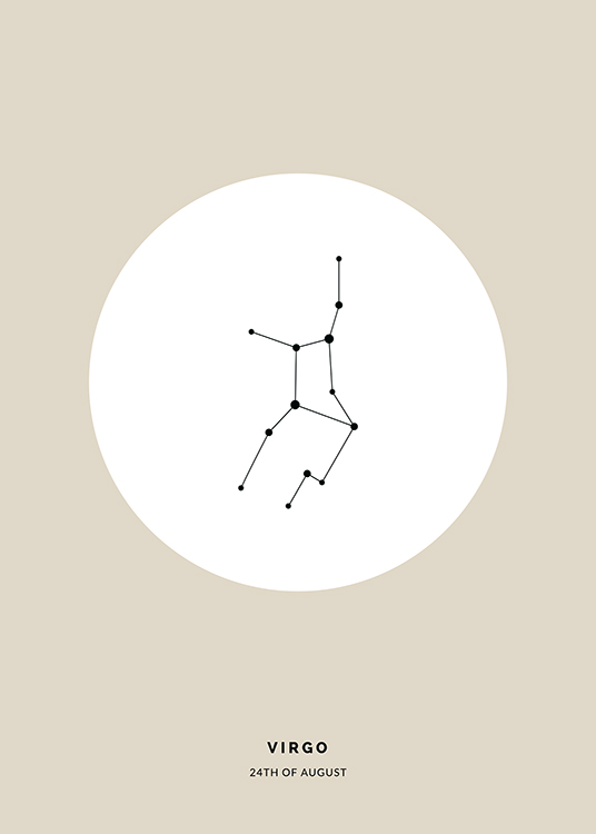  – Illustrasjon av stjernetegnet jomfruen i svart i en hvit sirkel mot en beige bakgrunn