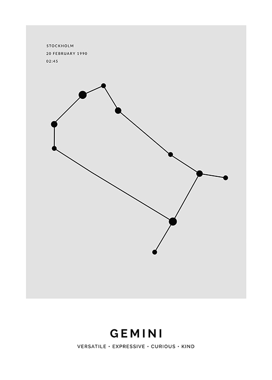  – Illustrasjon av stjernetegnet tvillingene i svart mot en grå bakgrunn med egen tekst