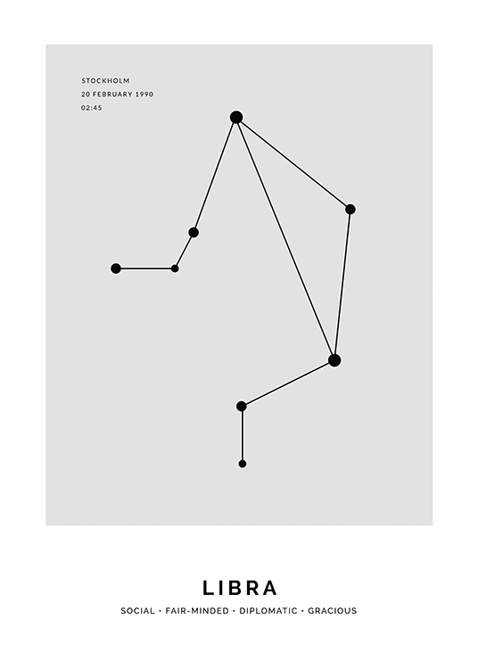  – Illustrasjon av stjernetegnet vekten i svart mot en grå bakgrunn med egen tekst