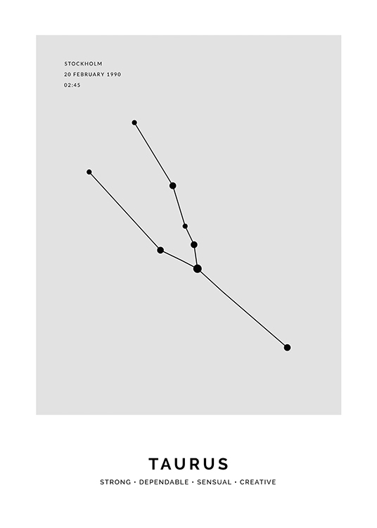  – Illustrasjon av stjernetegnet tyren i svart mot en grå bakgrunn med egen tekst