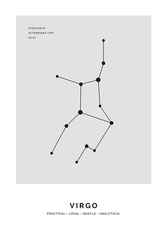  – Illustrasjon av stjernetegnet jomfruen i svart mot en grå bakgrunn med egen tekst
