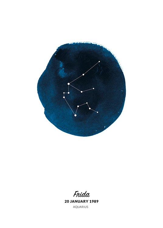  – Illustrasjon av stjernetegnet vannmannen i en sirkel malt i blå akvarell