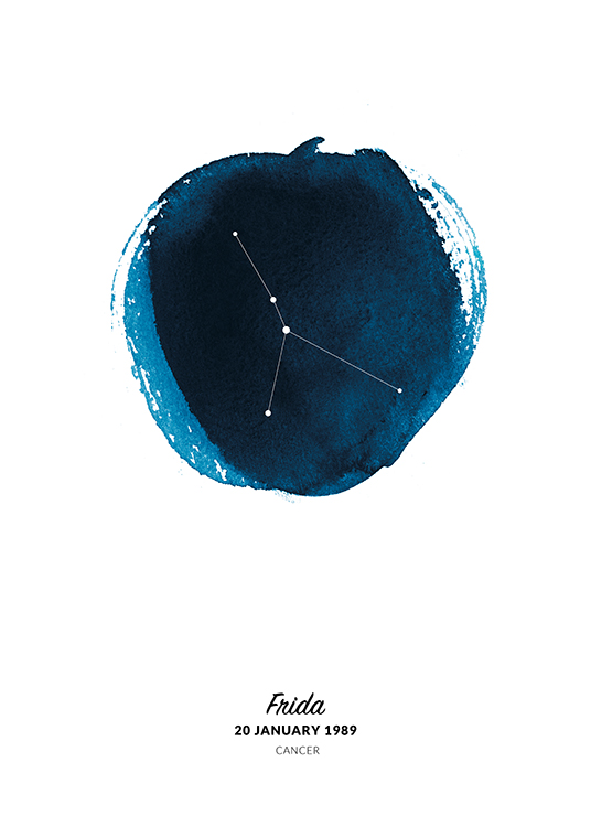  – Illustrasjon av stjernetegnet krepsen i en sirkel malt i blå akvarell