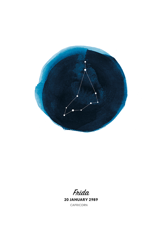  – Illustrasjon av stjernetegnet steinbukken i en sirkel malt i blå akvarell