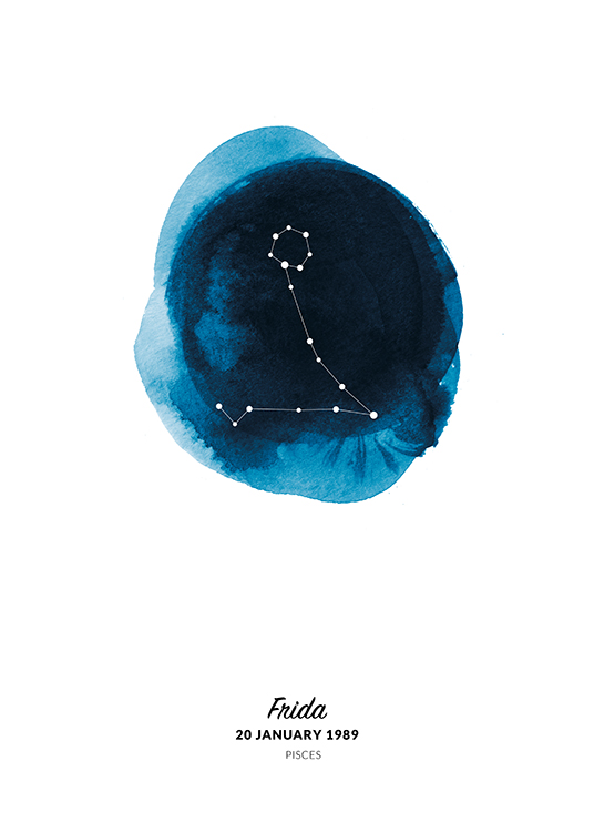  – Illustrasjon av stjernetegnet fiskene i en sirkel malt i blå akvarell