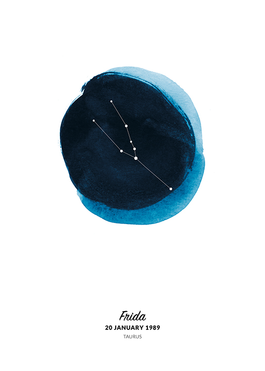  – Illustrasjon av stjernetegnet tyren i en sirkel malt i blå akvarell