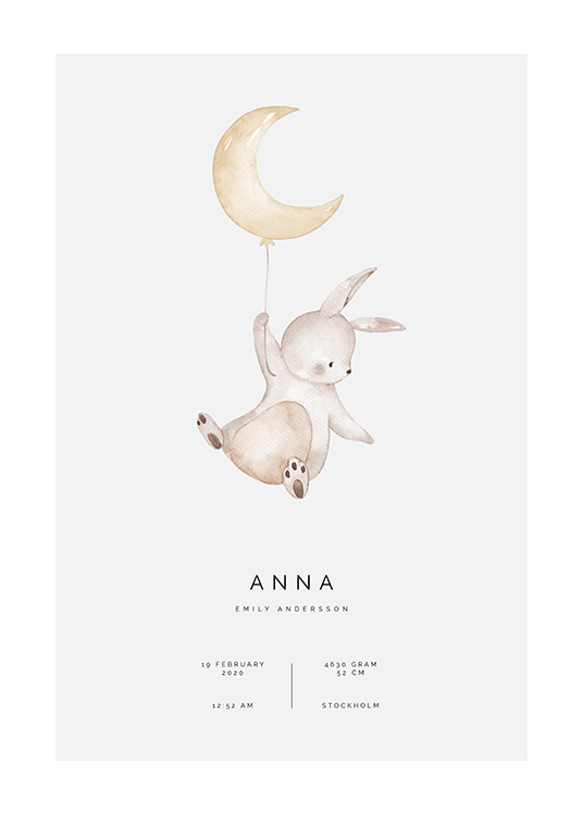  – Illustrasjon av en liten kanin som holder en måneformet ballong