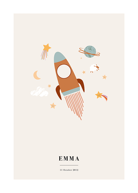  – Illustrasjon med astronomisymboler rundt en rakett, mot en beige bakgrunn