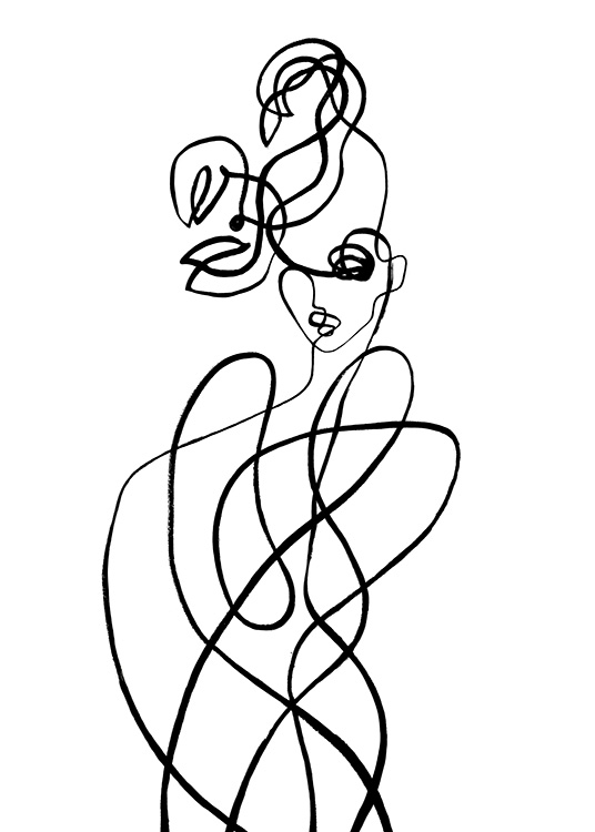  – Abstrakt line art-illustrasjon av en kropp med klær over hodet, inspirert av stjernetegnet skorpionen