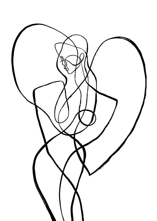  – Abstrakt line art-illustrasjon av en kropp omgitt av hjerter, inspirert av stjernetegnet jomfruen
