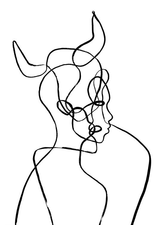  – Line art-illustrasjon av et hode med horn, inspirert av stjernetegnet tyren