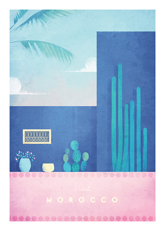  – Illustrasjon av en rosa og blå bygning med planter og kaktuser