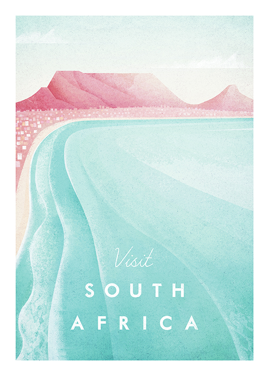  – Illustrasjon av rosa fjell og en rosa strand med et blått hav i forgrunnen