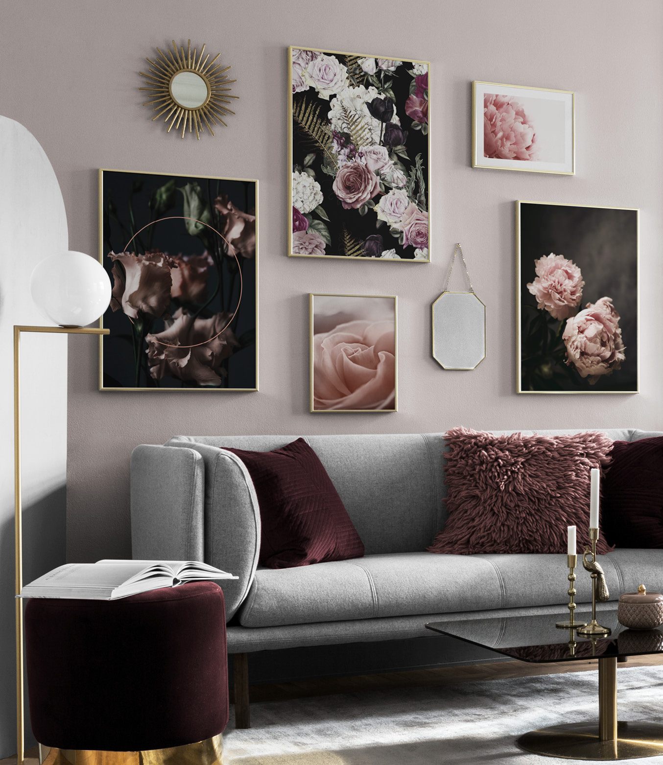 Blomstrete bildevegg i rosa, hos Desenio