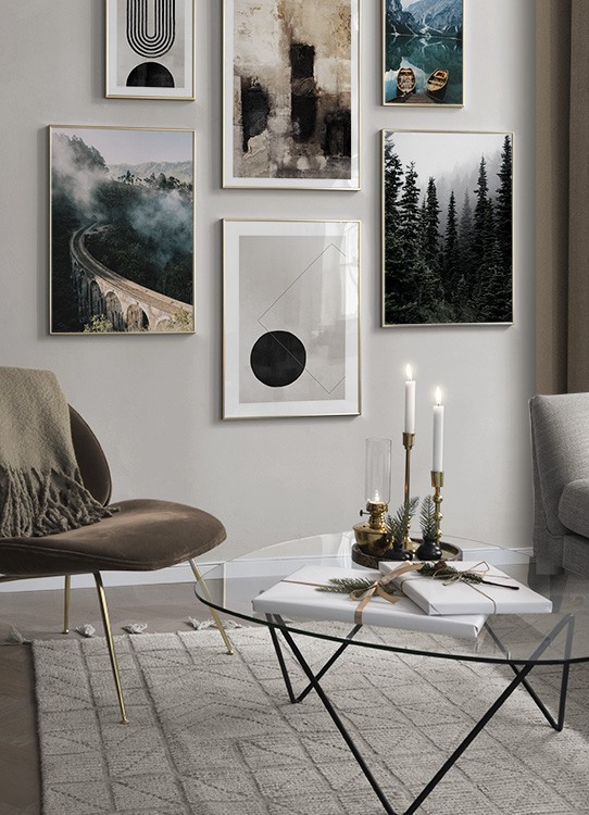 Naturmotiv av skog og grafiske illustrasjoner